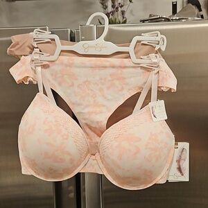 💕JESSICA SIMPSON💕 Push Up Bra & 2 Flirty Thong Pink Floral & Nude 36C/L NWT